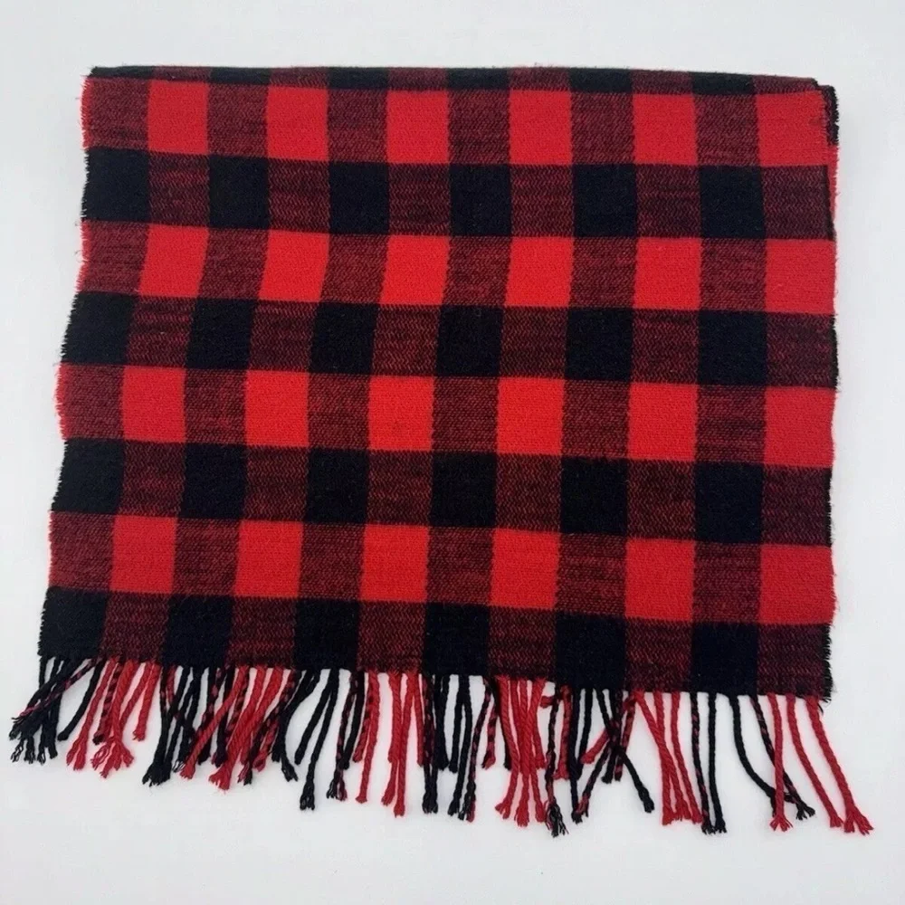 J Crew Classic Scarf Shawl Red Black Plaid 15”x80” Fringe buffalo plaid unisex
